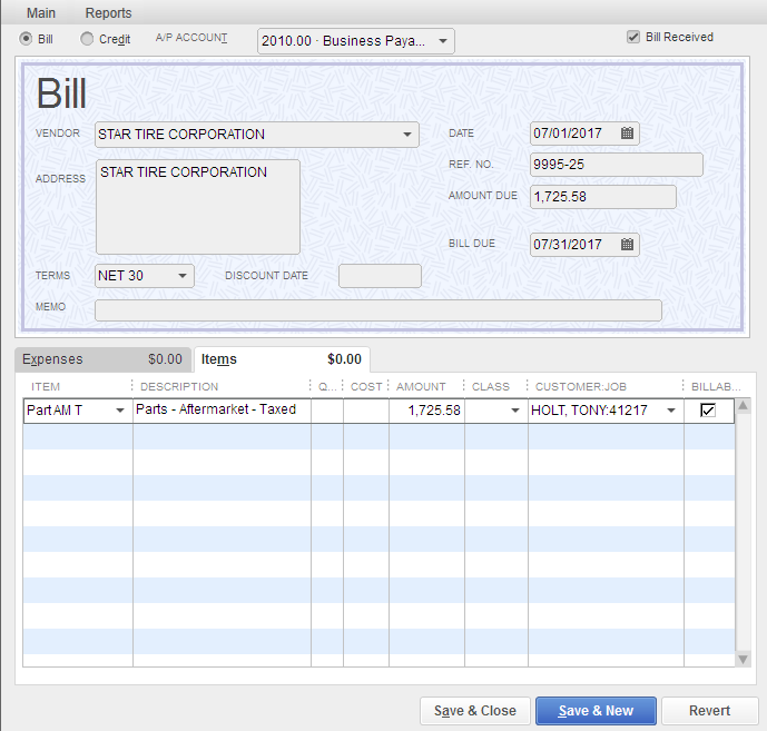 QuickBooks Vendor Bill using Items