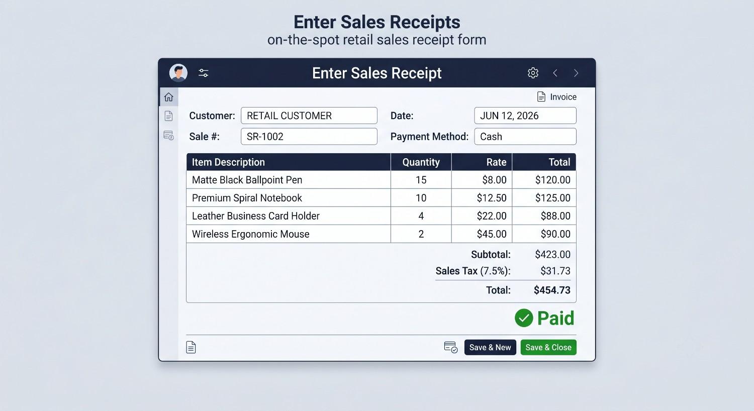 The Enter Sales Receipts Window Mockup