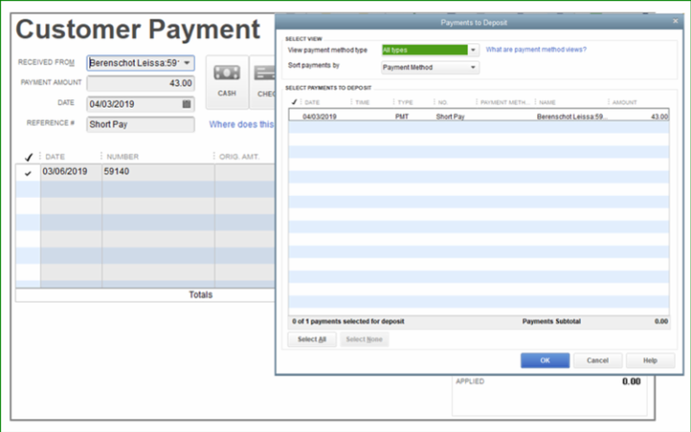 Deposit Short Pay QuickBooks UI