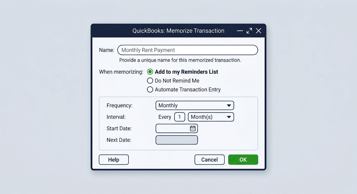 QuickBooks Memorize Transaction Dialog Box