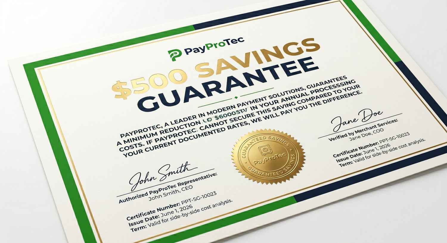PayProTec $500 Savings Guarantee Certificate