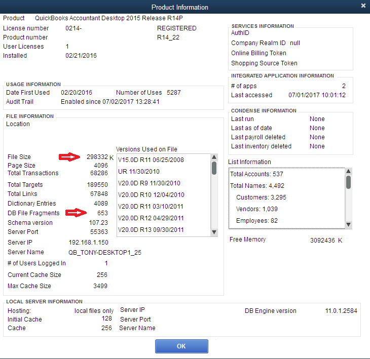 QuickBooks Product Information screen