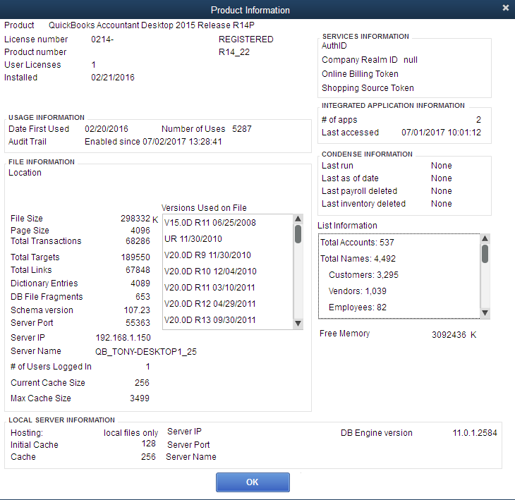 QuickBooks Product Information screen