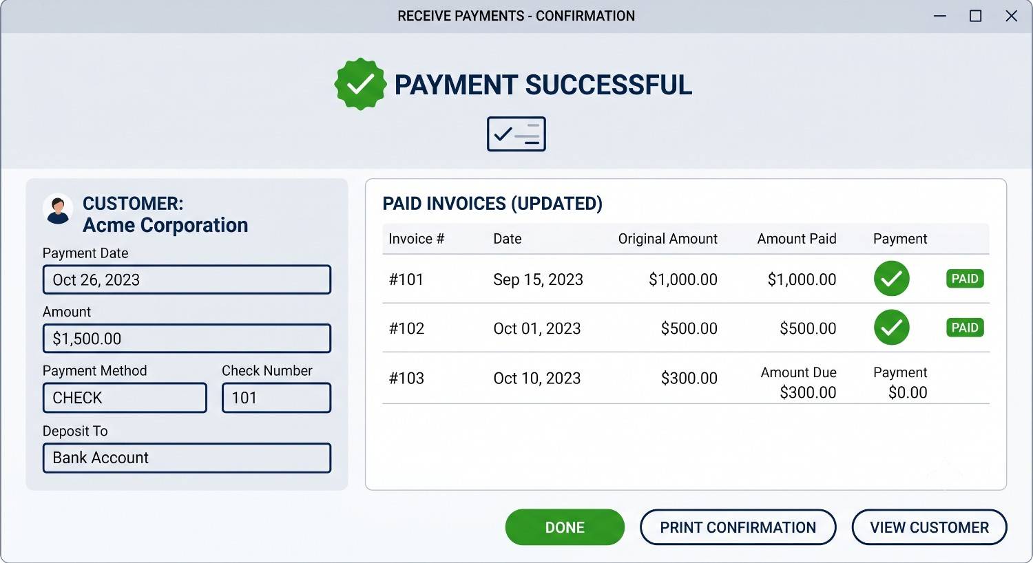 QuickBooks Receive Payments Screen