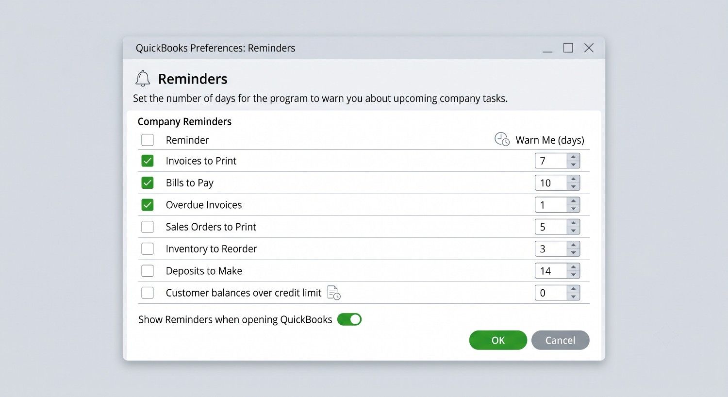 QuickBooks Reminders Preferences Tab