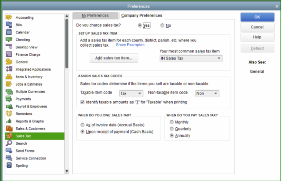 QuickBooks Sales Tax Preferences Settings