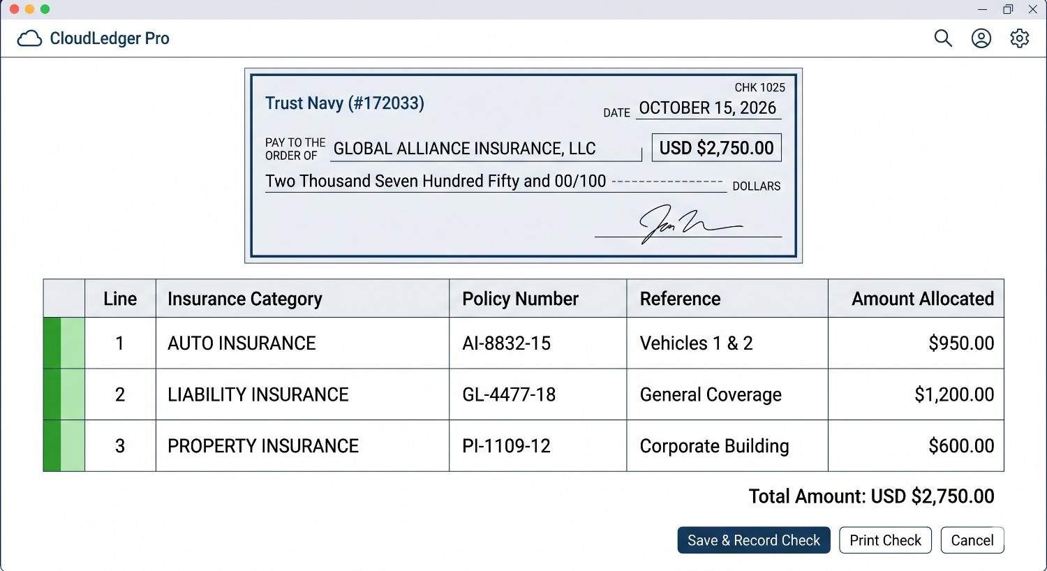 Check Created to Properly Distribute Business Insurance Premiums