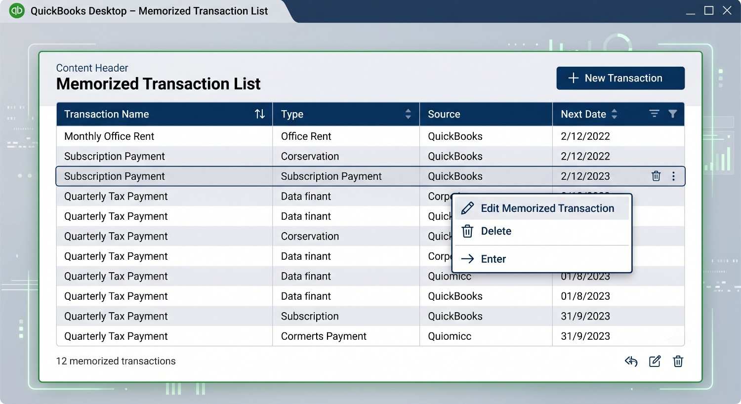 QuickBooks Memorized Transaction List Menu