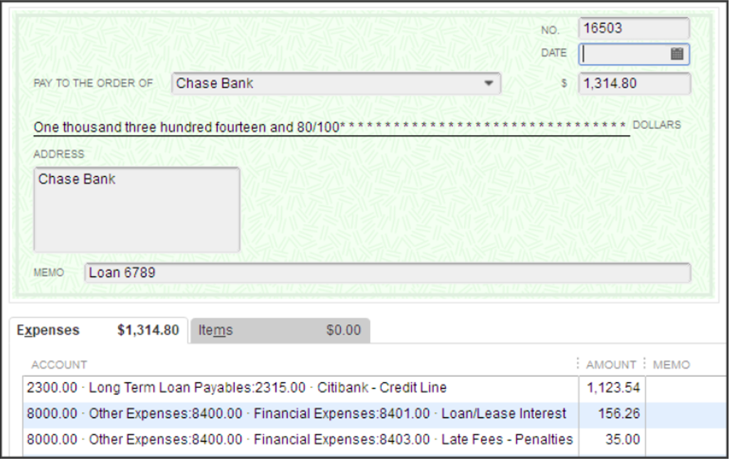 Typical QuickBooks Check Entry - Loan Repayment